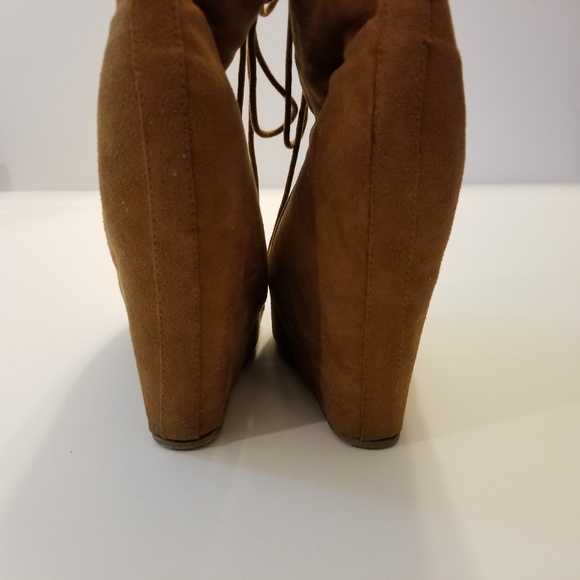 Faux Brown Suede Platform High Lace Up Wedge - Picture 5 of 8
